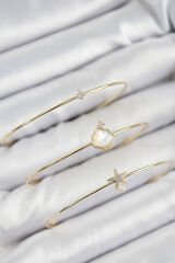 Pirinç Zirkon Taşlı İstiridye Ve Deniz Yıldızı Model Gold Renk Vip 3'lü Kadın Bileklik