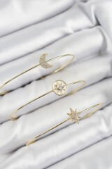 Pirinç Zirkon Taşlı Ay Ve Kutup Yıldızı Model Gold Renk Vip 3'lü Kadın Bileklik