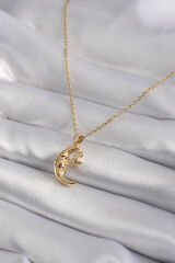 316L Çelik Gold Renk Zirkon Taşlı Ay Yıldız Model Kadın Kolye