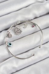 Pirinç Zirkon Taşlı Güneş Ay Ve Nazar Model Gümüş Renk Charm Bileklik
