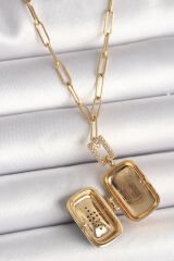 316L Çelik Gold Renk Açılır Mavi Sandık Model Zirkon Taşlı Kutup Yıldız İşleme Model Kadın Kolye