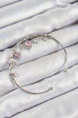 Pirinç Zirkon Taşlı Pembe Kalp Model Gümüş Renk Charm Bileklik