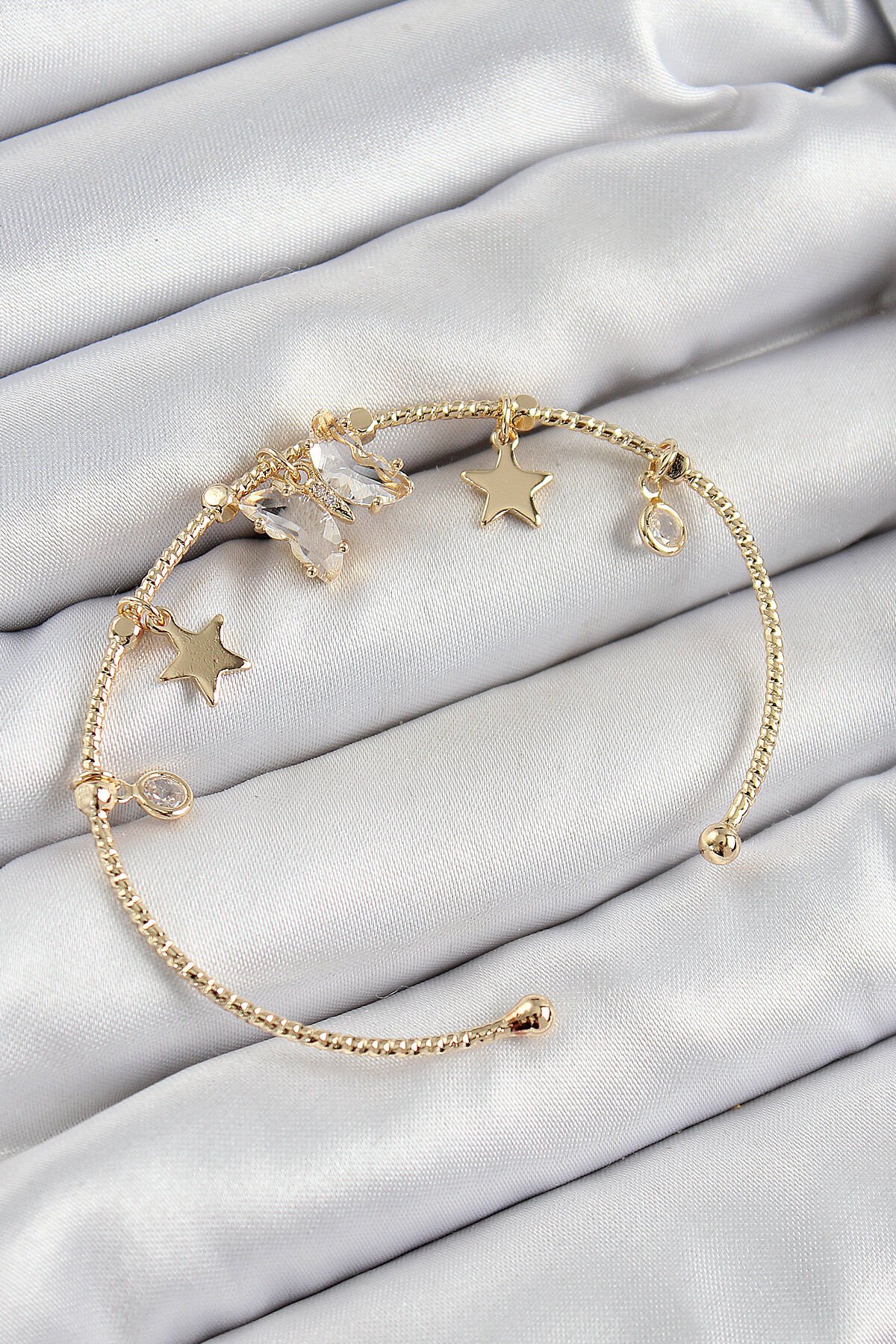 Pirinç Zirkon Taşlı Kelebek Ve Yıldız Model Gold Renk Charm Bileklik