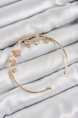 Pirinç Zirkon Taşlı Pembe Kalp Model Gold Renk Charm Bileklik