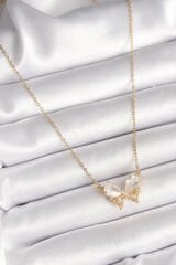 316L Çelik Gold Renk Zincir Zirkon Taşlı Fiyonk Model Kadın Kolye