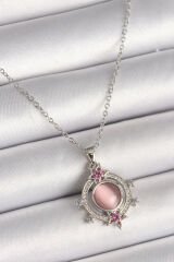 316L Çelik Gümüş Renk Zincir Pembe Sedefli Zirkon Taşlı Yıldız Detay Zirkon Taşlı Kadın Kolye