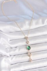 Pirinç Zincir Zümrüt Yeşil Gold Renk Zirkon Taşlı Y Kolye