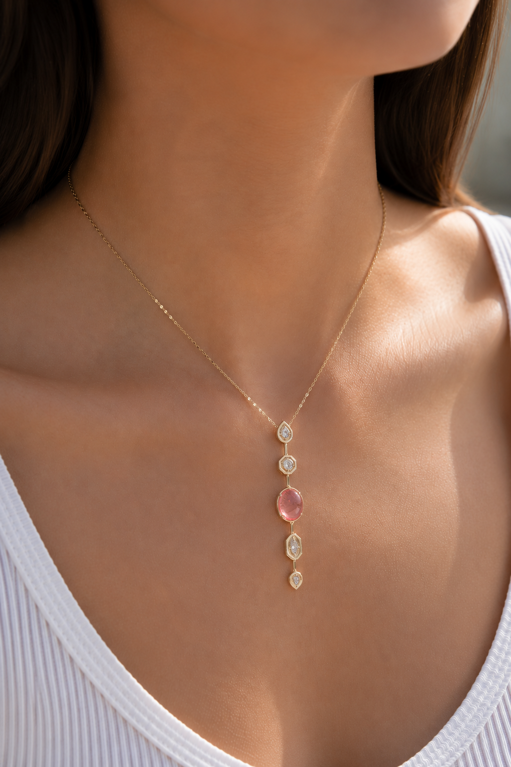 Pirinç Zincir Pembe Gold Renk Zirkon Taşlı Y Kolye