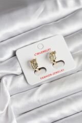 14K Gold Renk Kaplama Yarım Halka Zirkon Taşlı CM Kadın Küpe