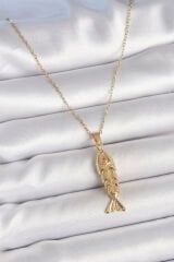 316L Çelik Zincir Gold Renk Zirkon Taşlı Balık Figürlü Kolye