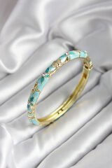 Mineli Pirinç Turkuaz Çiçek Desenli Zirkon Taşlı Gold Renk Kadın Kelepçe (çap 60 mm)