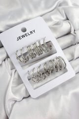 Pirinç Karışık Halka Model Gümüş Renk 6 Çift Kadın Küpe Set