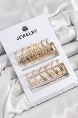 Pirinç Karışık Halka Model Gold Renk 6 Çift Kadın Küpe Set