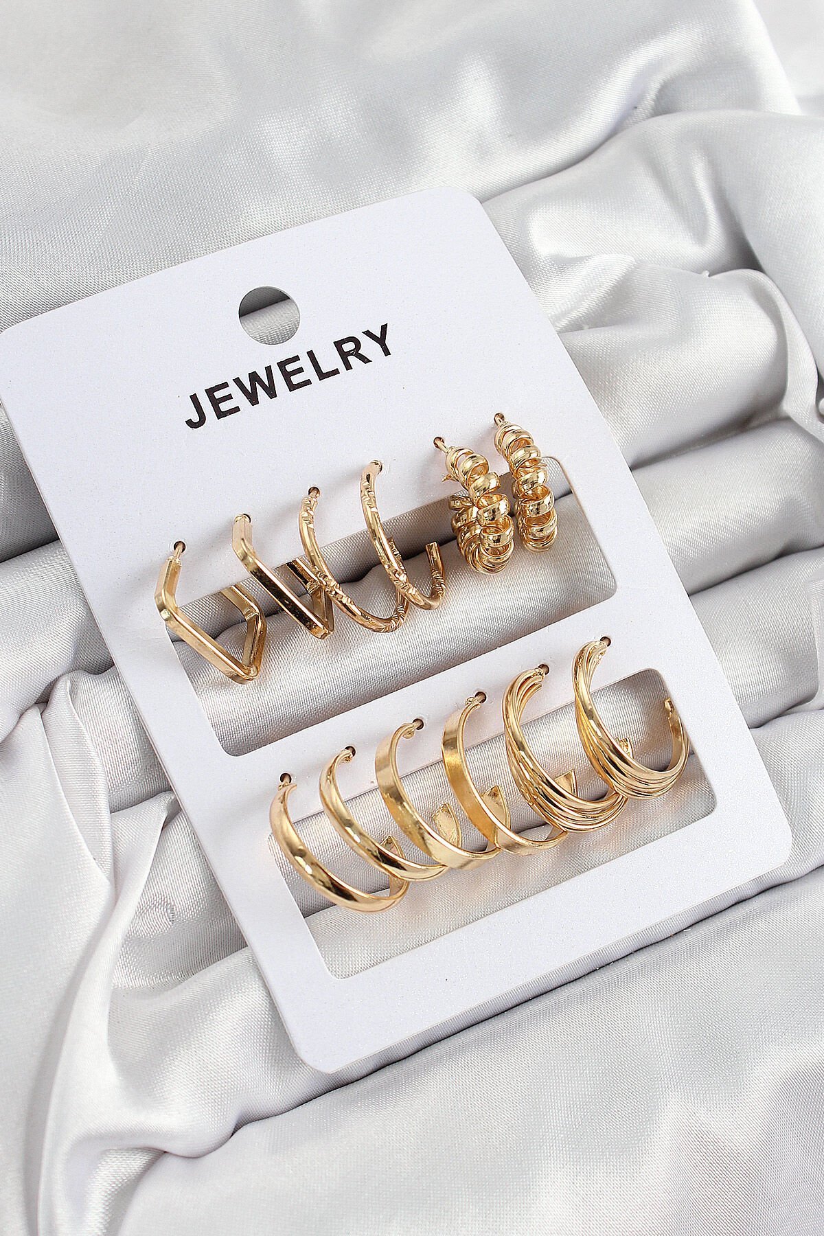 Pirinç Karışık Halka Model Gold Renk 6 Çift Kadın Küpe Set