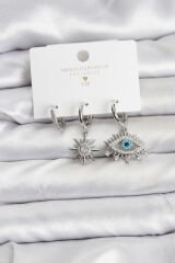 Göz Model Gümüş Renk Pirinç 3'lü Kadın Küpe Seti