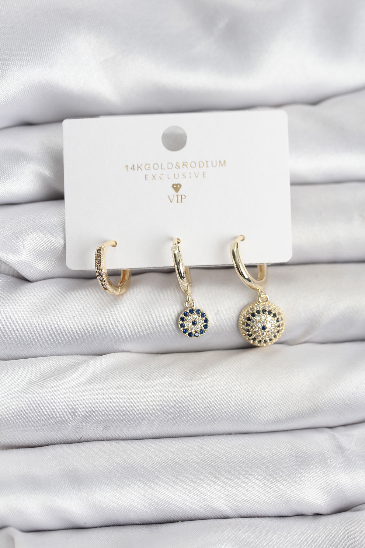 Nazar Model Gold Renk Pirinç 3'lü Kadın Küpe Seti