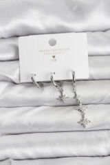 Kutup Yıldızı Model Gümüş Renk Pirinç 3'lü Kadın Küpe Seti