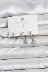 Pirinç Gümüş Renk Yonca Model 3'lü Kadın Küpe Seti