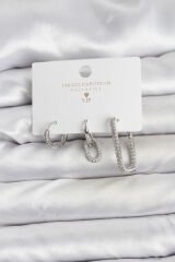 Gümüş Renk Zirkon Taşlı 3'lü Kadın Küpe Seti