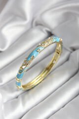 Mineli Pirinç Turkuaz Çiçek Desenli Zirkon Taşlı Gold Renk Kadın Kelepçe