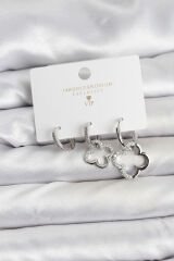 Yonca Model Gümüş Renk Pirinç 3'lü Kadın Küpe Seti