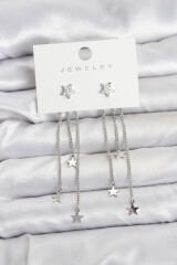 Yıldız Model Gümüş Renk Pirinç Sallantılı Kadın Küpe