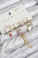 Pirinç Zirkon Taşlı Sallantılı Ve İncili Gold Renk 6'lı Küpe Set