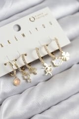 Pirinç Zirkon Taşlı Hello Kity Ve Yonca Model Gold Renk 6'lı Küpe Set