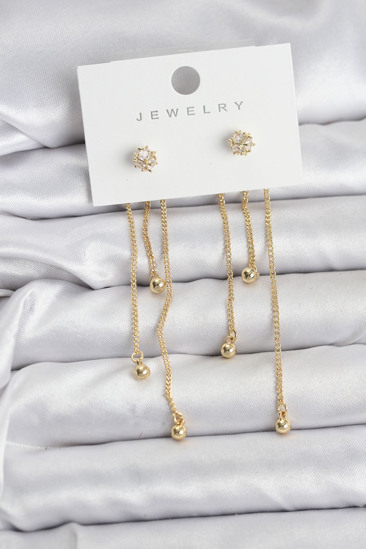 Topçuk Model Gold Renk Pirinç Sallantılı Kadın Küpe Seti