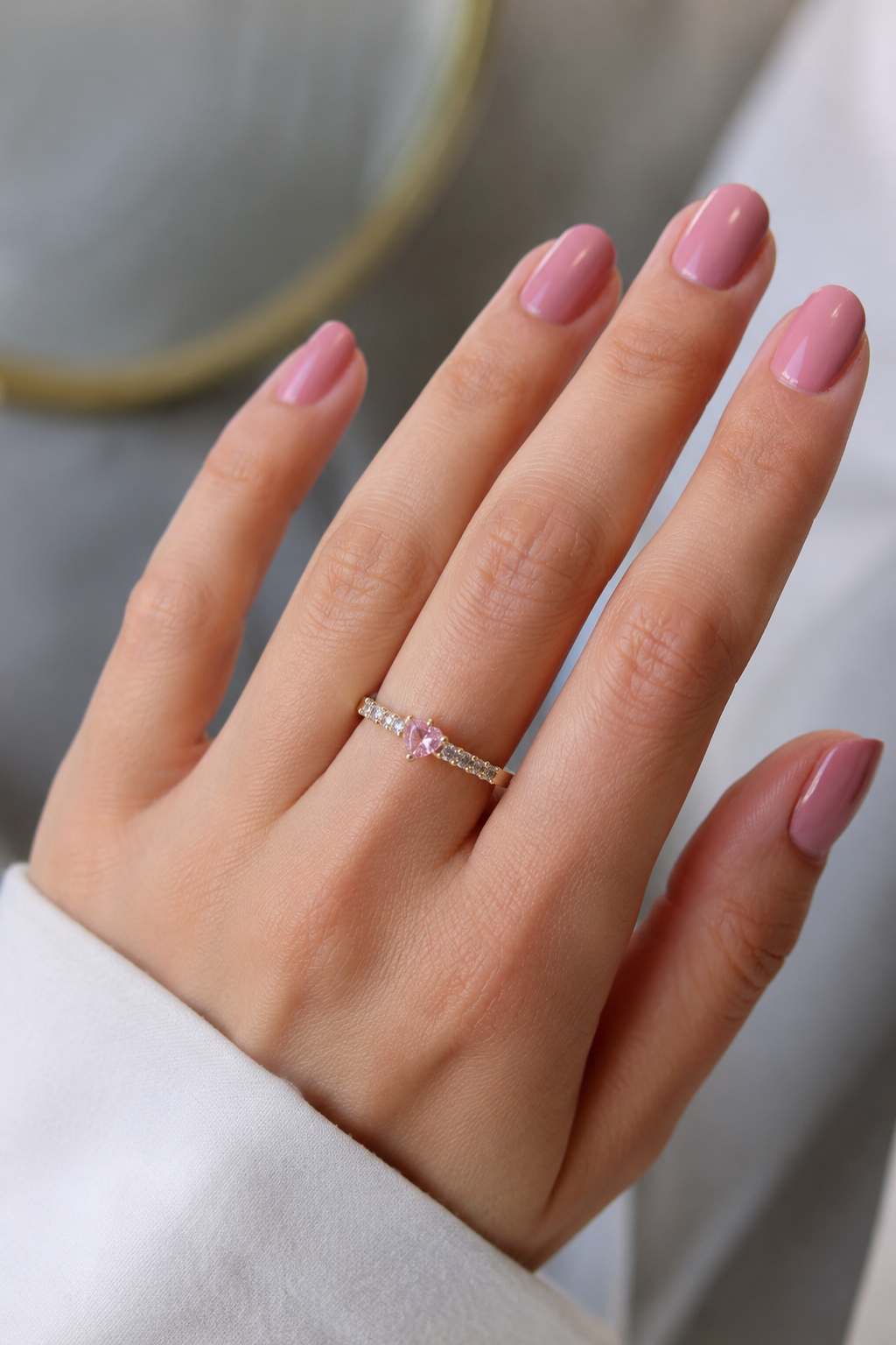 Gold Renk Zirkon Taşlı Pembe Kristal Kalp Model Kadın Yüzük