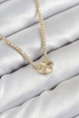Pirinç Zirkon Taşlı Yonca Model Gold Renk Kadın Kolye