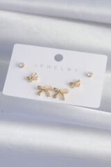 Pirinç Gold Renk Zirkon Taşlı Fiyonk Model Küpe Seti