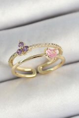 Pirinç Kalp Ve Çiçek Figürlü Zirkon Taşlı Gold Renk Ayarlanabilir Kadın Yüzük