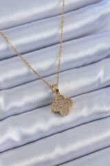 316L Çelik Gold Renk Zirkon Taşlı Yonca Model Kadın Kolye