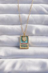 316L Çelik Zincir Gold Renk Güneş Detay Renkli Zirkon Taşlı Tarot Kolye