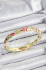 Mineli Pirinç Pembe Ve Hardal Çiçek Motifli Gold Renk Kadın Kelepçe