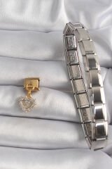 316L Çelik Gold Renk Sallantı Zirkon Taşlı Kalp Model Nomination Charm