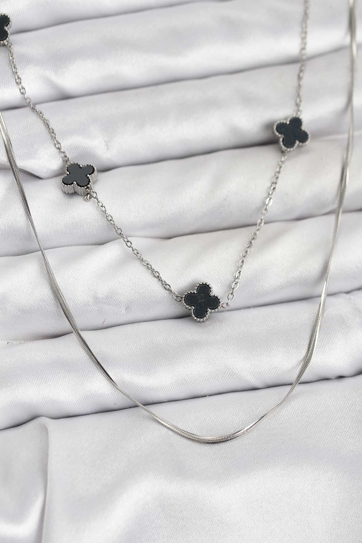 316L Çelik Zincir Gümüş Renk İtalyan Zincirli Siyah Yonca Model Kadın Kolye
