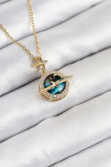 316L Çelik Zirkon Taşlı Gezegen Model Gold Renk Kadın Kolye