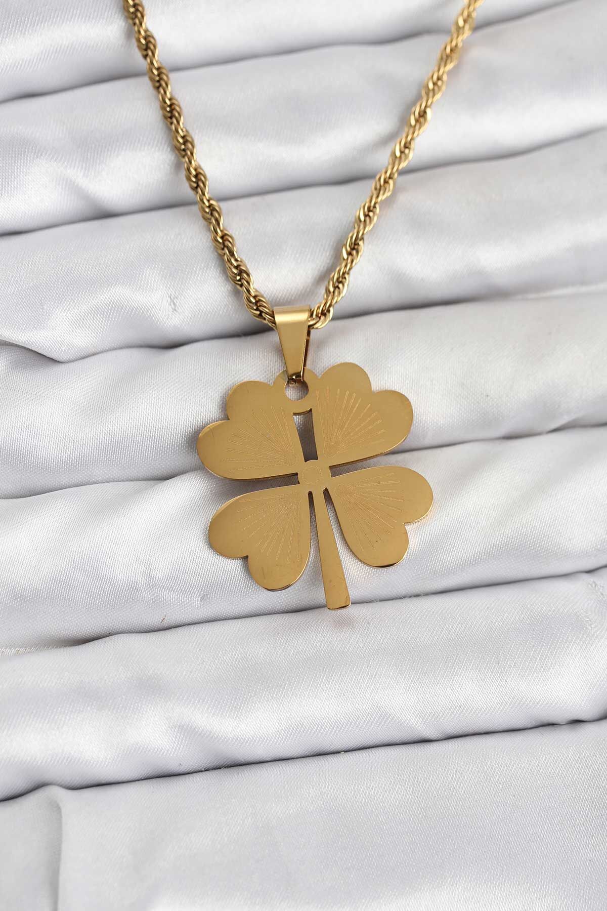 316L Çelik Zincir Gold Renk Yonca Model 60 cm Kadın Kolye