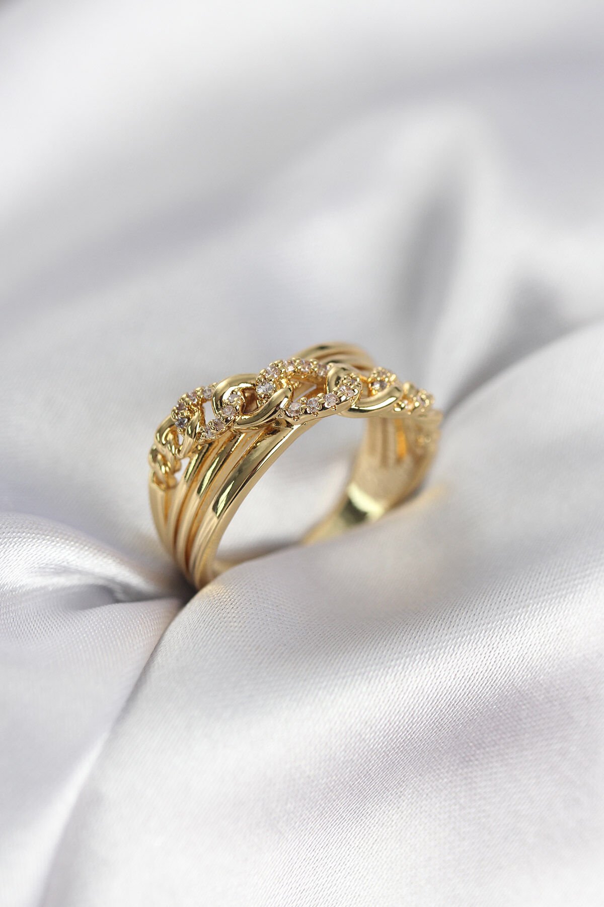 Gold Renk Zirkon Taşlı Zincir Model Kadın Yüzük