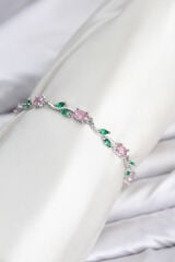 Pirinç Gümüş Renk Pembe Zirkon Taşlı Çiçek Model Kadın Bileklik