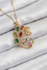 316L Çelik Zirkon Taşlı Tavus Kuşu Model Gold Renk Kadın Kolye