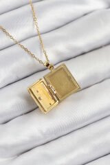 316L Çelik Zirkon Taşlı Açılabilr Kapaklı Kitap Model Gold Renk Kadın Kolye