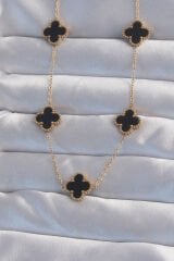 316L Çelik Gold Renk Siyah Mineli Yonca Kolye