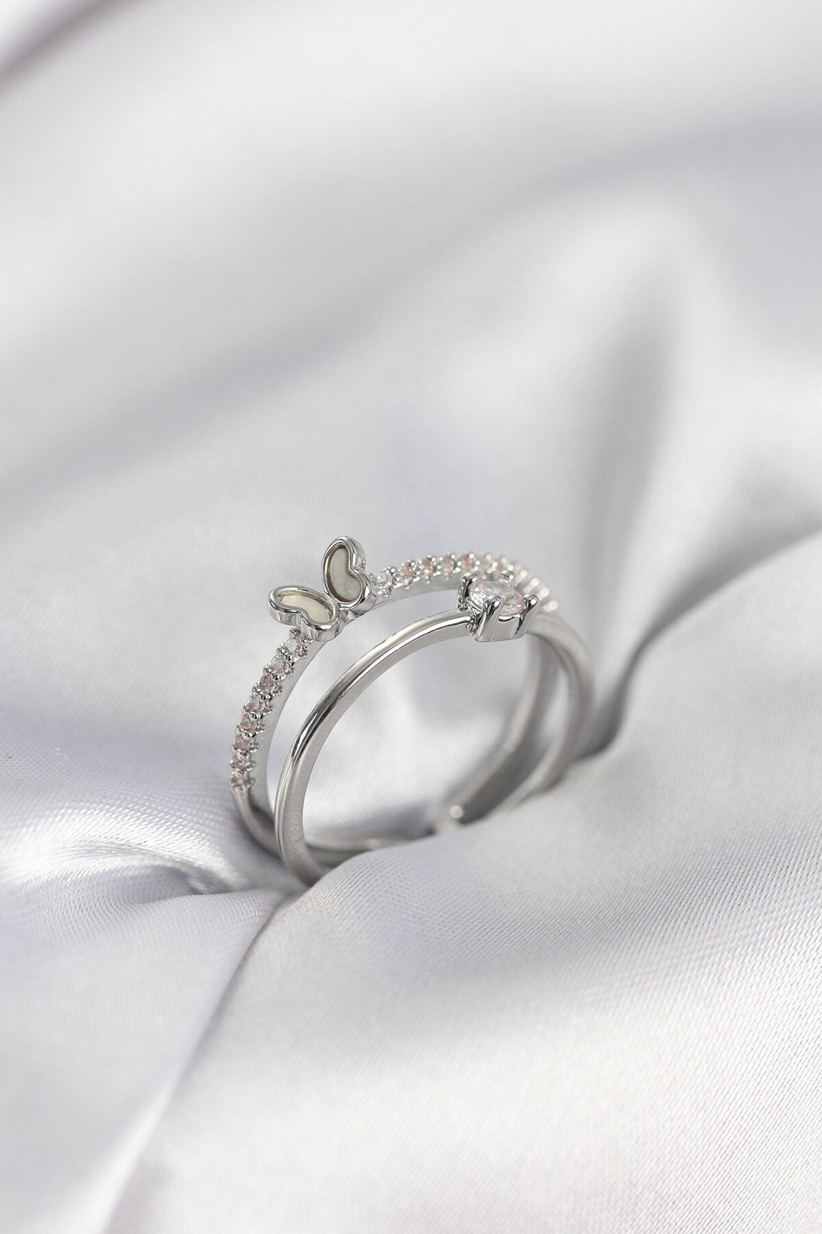 Gümüş Renk 2'li Zirkon Taşlı Kelebek Model Kadın Yüzük