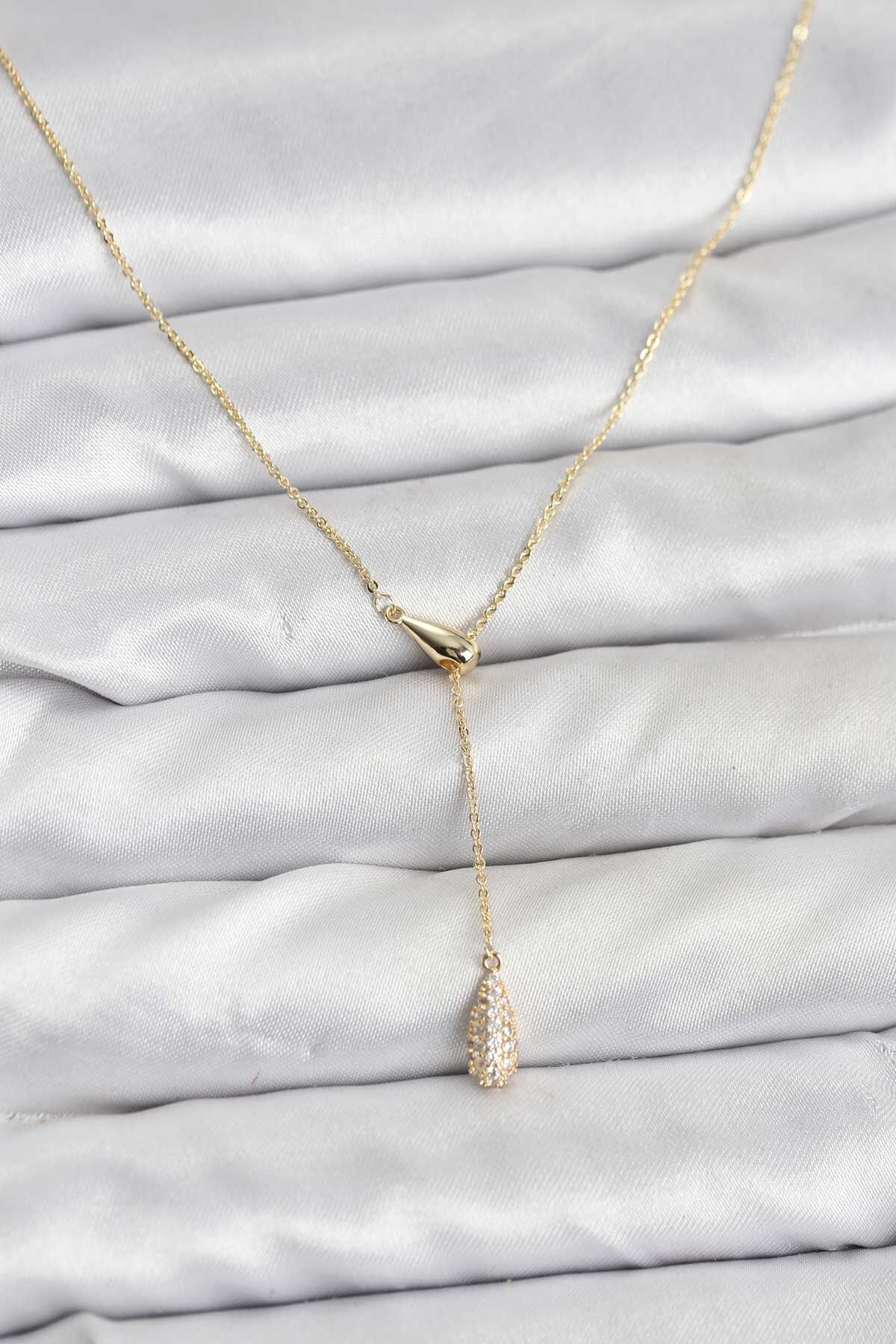 Pirinç Gold Renk Asansörlü Damla Model Kadın Kolye