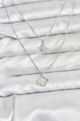 Pirinç Gümüş Renk Yonca Model 2'li Kadın Kolye