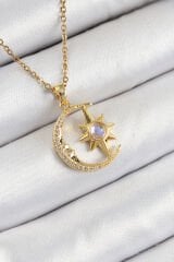 316L Çelik Zirkon Taşlı Kutup Yıldızlı Hilal Model Gold Renk Kadın Kolye