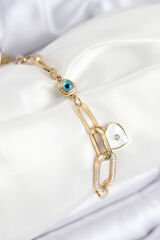 316L Çelik Nazar Boncuğu Ve Zirkon Taşlı Kalp Model Gold Renk Kadın Bileklik